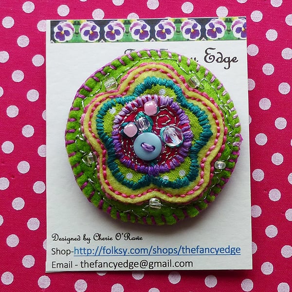 Decorative brooch, round, flower design, buttons & beads, 'Gracie'