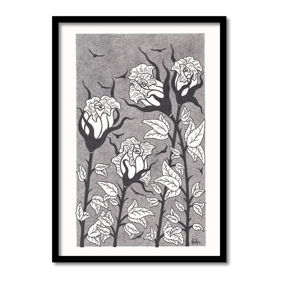 Long Stem Roses A4 Original Art Pen And Ink Drawing