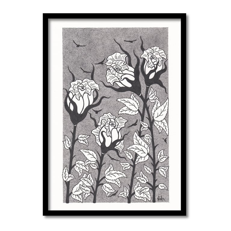 Long Stem Roses A4 Original Art Pen And Ink Drawing