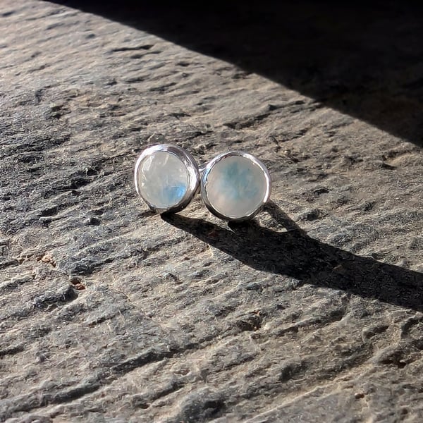 Sterling Silver Moonstone stud earrings, Handmade GEMSTONE Design