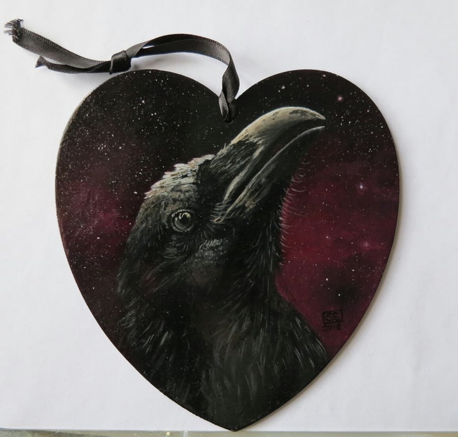 Celestial raven oil painting on hanging heart panel