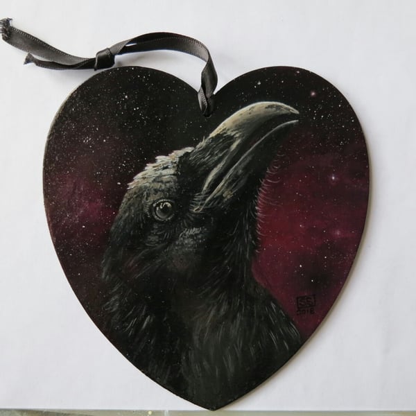Celestial raven oil painting on hanging heart panel