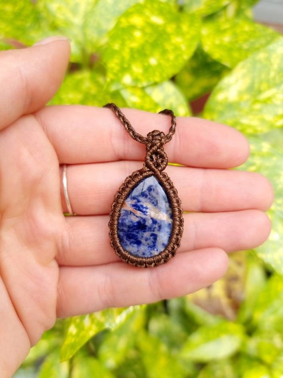 Sodalite Gemstone Necklace, Macrame Necklace Pendant 