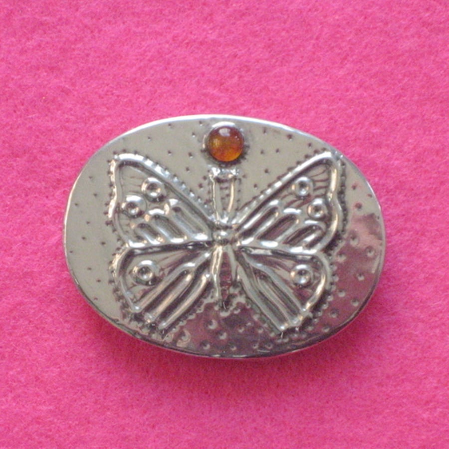 Amber butterfly brooch in pewter