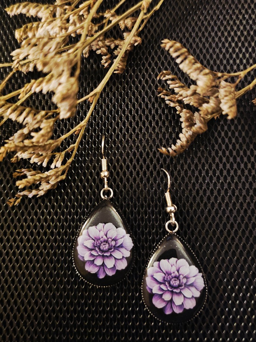 Black and purple floral teardrop earrings 