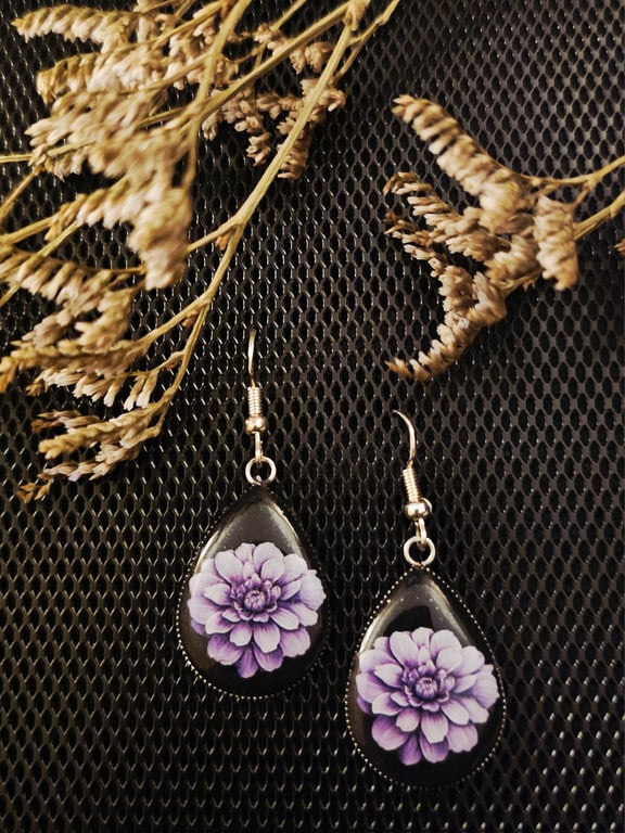 Black and purple floral teardrop earrings 