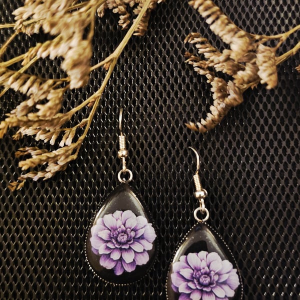 Black and purple floral teardrop earrings 