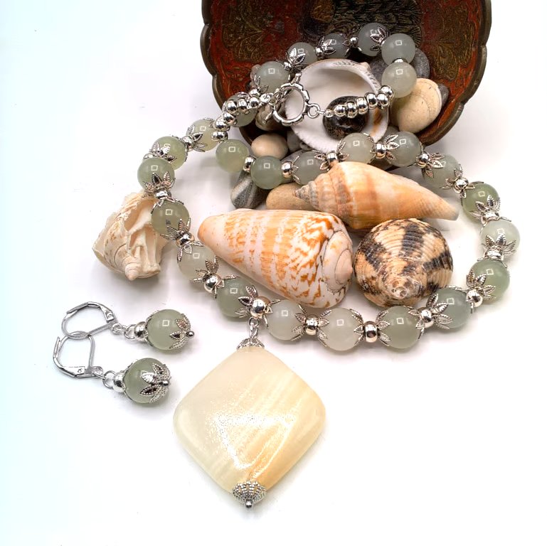 Green Jade & Silver Bead Caps Necklace with Square Honey Jade Pendant & Earrings