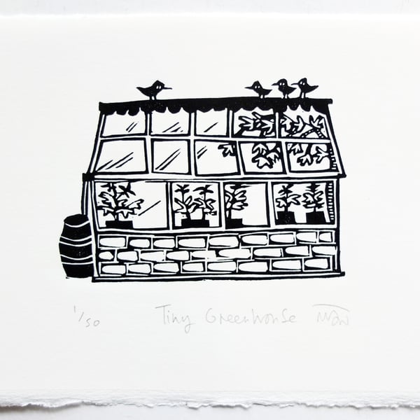 Tiny Greenhouse - lino cut print