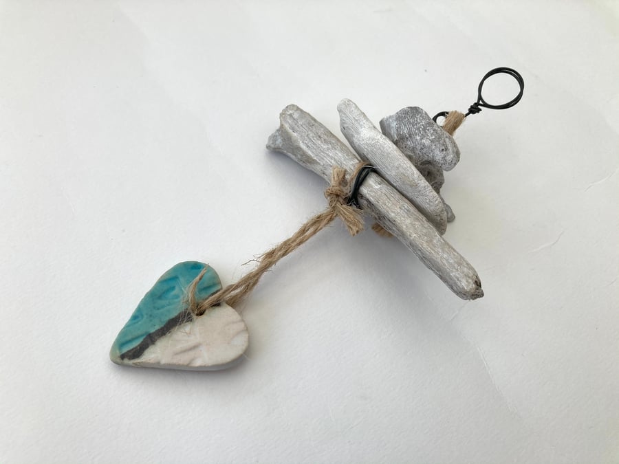 Driftwood ceramic hanger, Loveheart hanger, gift idea, birthday, home decor