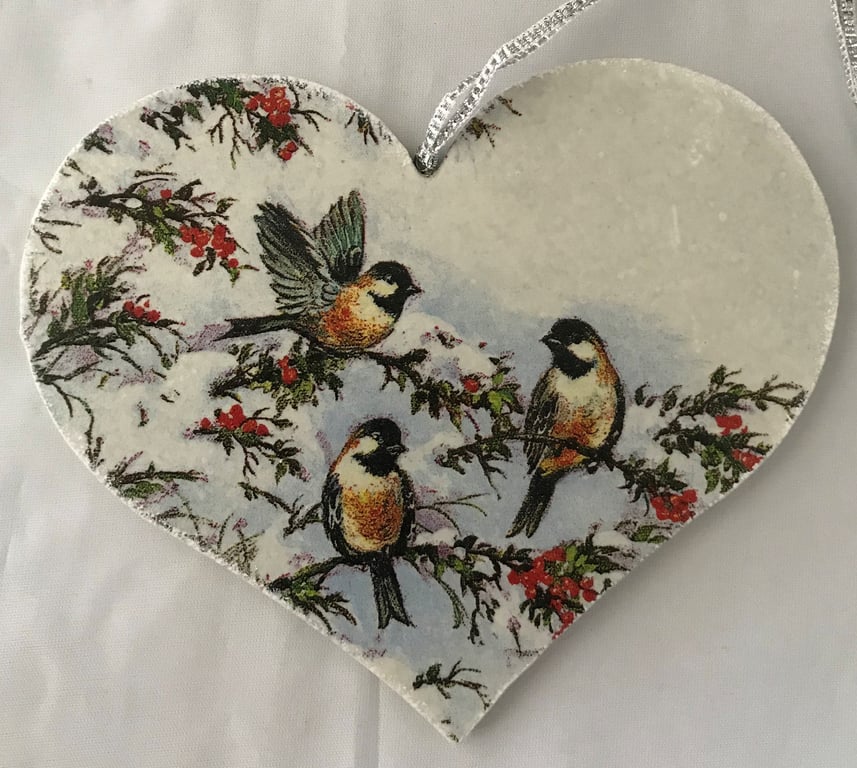 Decorated Christmas Small Wooden Heart Decoration Winter Birds Style 1