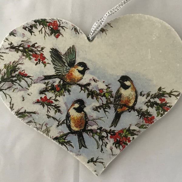 Decorated Christmas Small Wooden Heart Decoration Winter Birds Style 1
