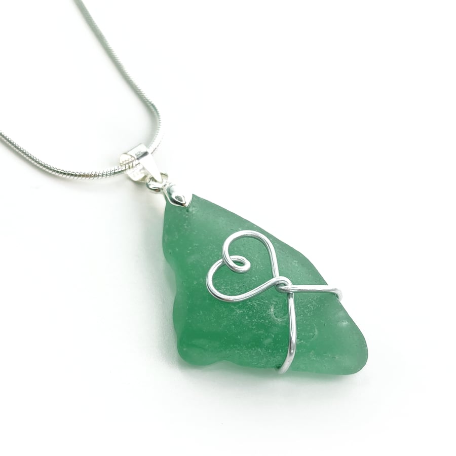 Sea Glass Pendant - Green Beach Glass - Silver Handmade Heart Necklace Jewellery