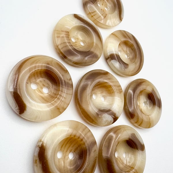 8 Glossy Cream and Brown Dish Buttons, 28mm Wide! Coats and Chunky Knits