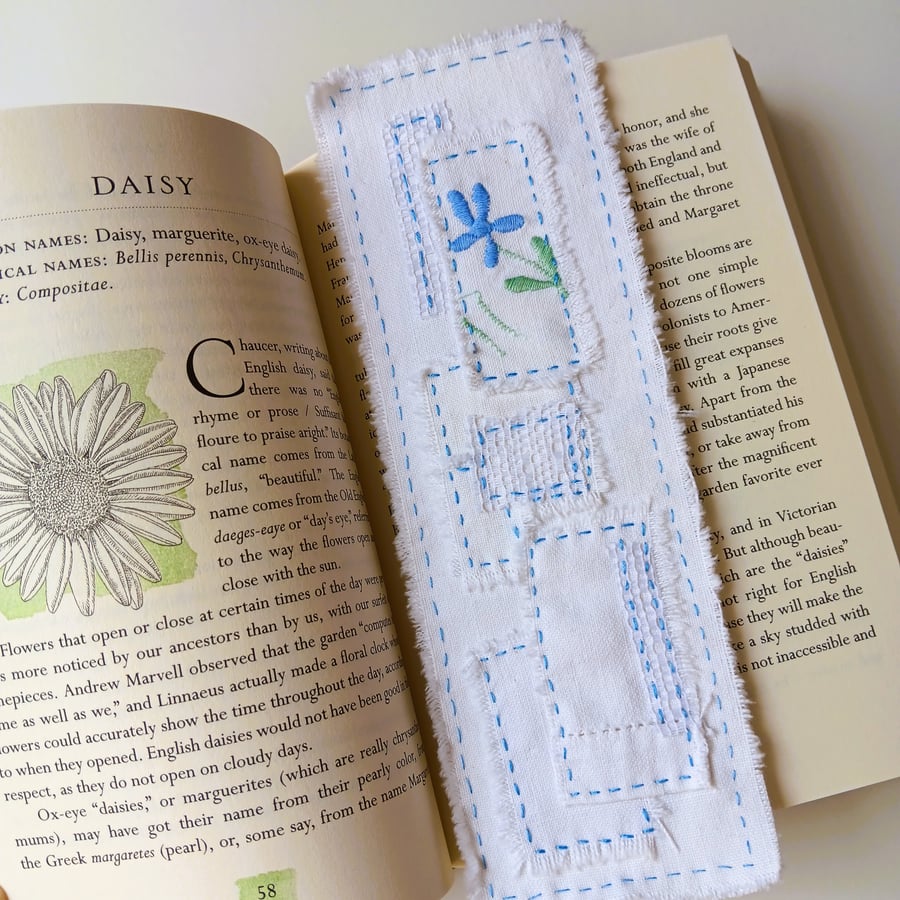 Hand Embroidered Bookmark - Blue Flower - Created using Upcycled Vintage Fabric