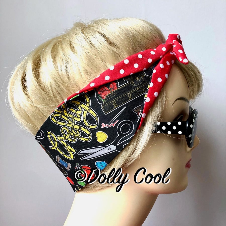 Craft Tattoo Sewing Hair Tie Print Head Scarf by Dolly Cool - Your Choice of Red