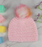 Pink Crochet Baby Hat Newborn to 3 Months with Bobble Flower and Rainbow Pom - Image 5
