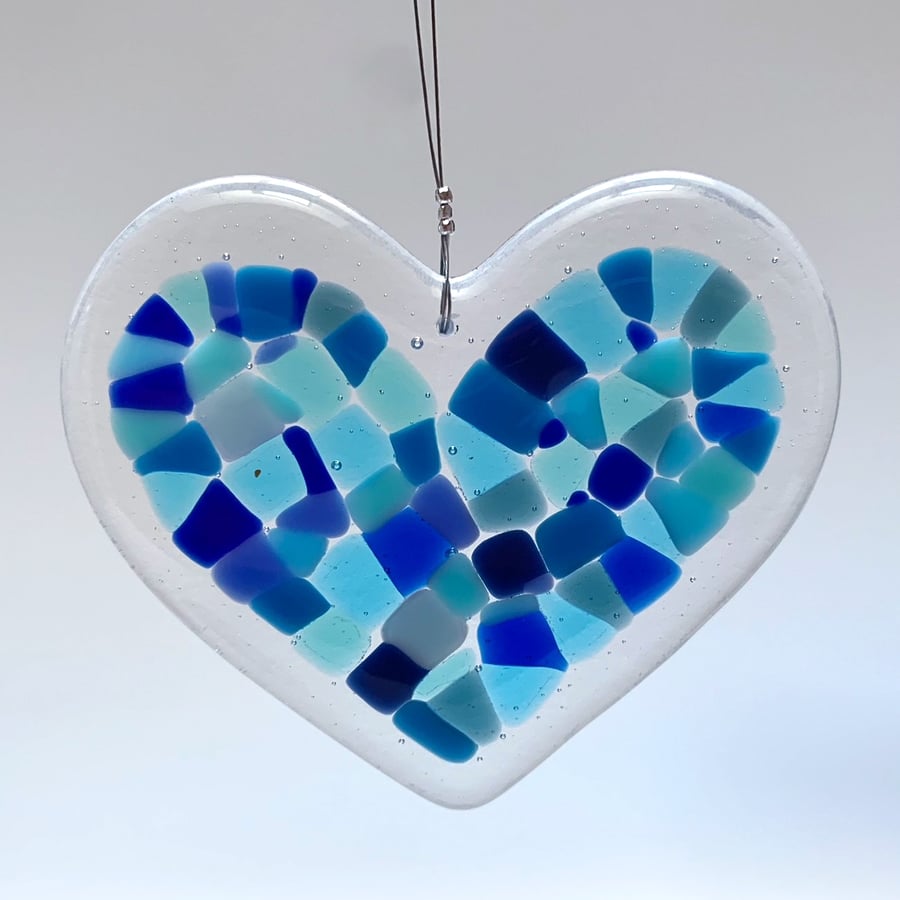 Fused Glass Heart Hanging (Blues) - Handmade Glass Decoration
