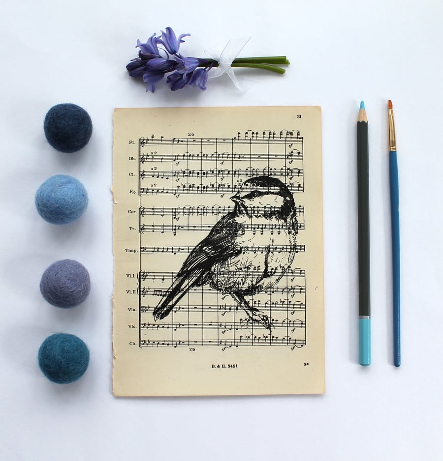 Standing Blue Tit Gocco Print, Bird Print on Vintage Sheet Music