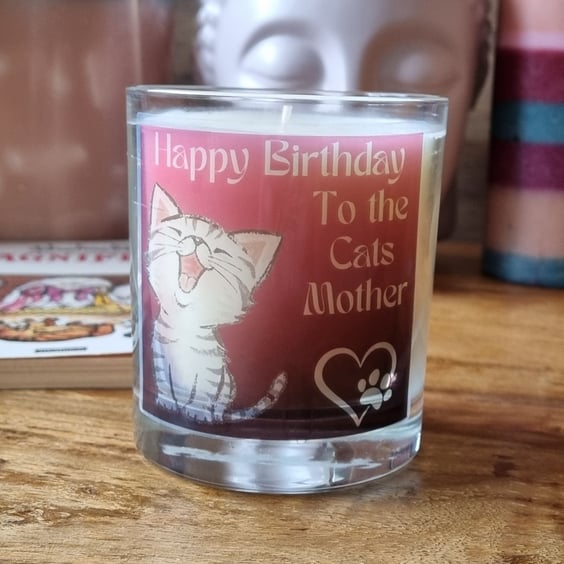 Scented Candle in Glass Happy Birthday Cat's Mother Design 30cl Wax Blend