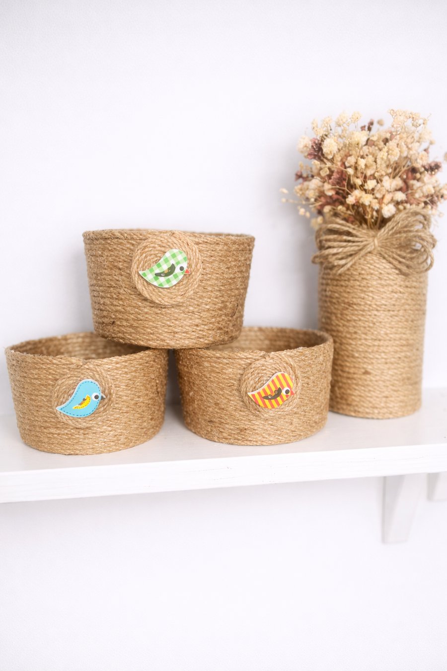  Rustic Twine Storage Pots UK Handmade Bird Detail Organiser
