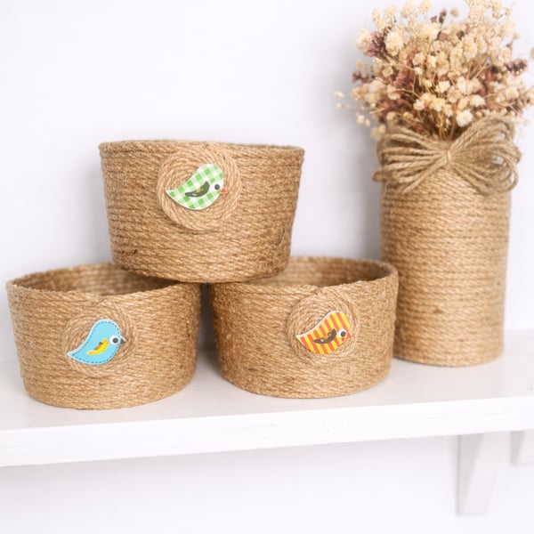  Rustic Twine Storage Pots UK Handmade Bird Detail Organiser
