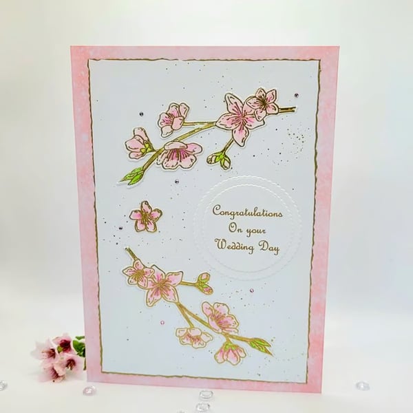 Wedding Card - Cherry Blossom, Embossed, Pink, Gold