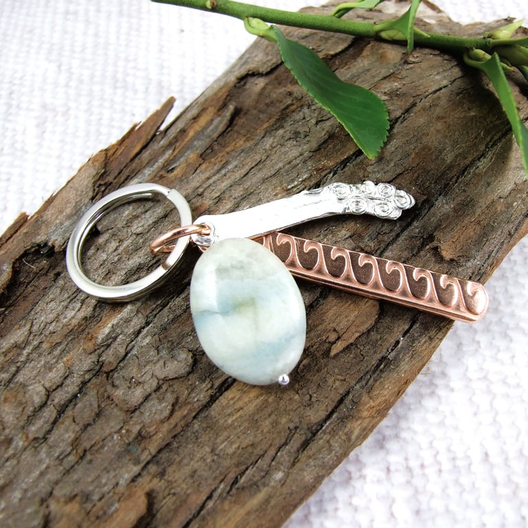 Keyring, Sterling Silver Waves with Copper Bar and Ocean Jasper Gemstone