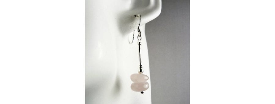Rose Quartz natural stone drop earrings, sterling silver, pale pink, nuggets