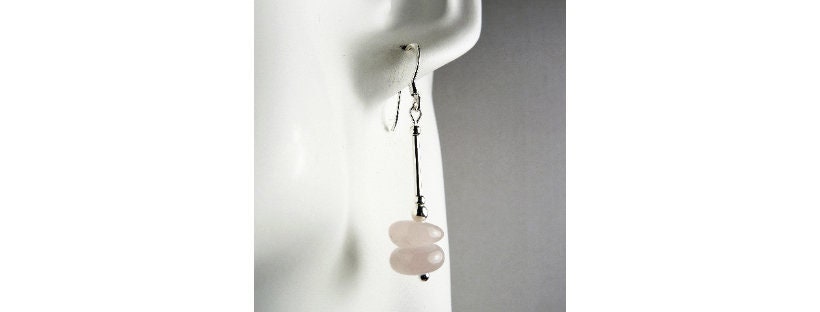 Rose Quartz natural stone drop earrings, sterling silver, pale pink, nuggets