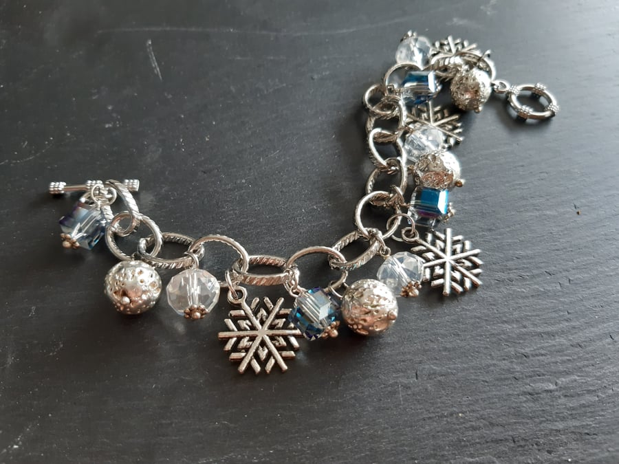 Freshwater Pearl, Lava and Crystal Snowflake Charm Bracelet Tibetan Silver