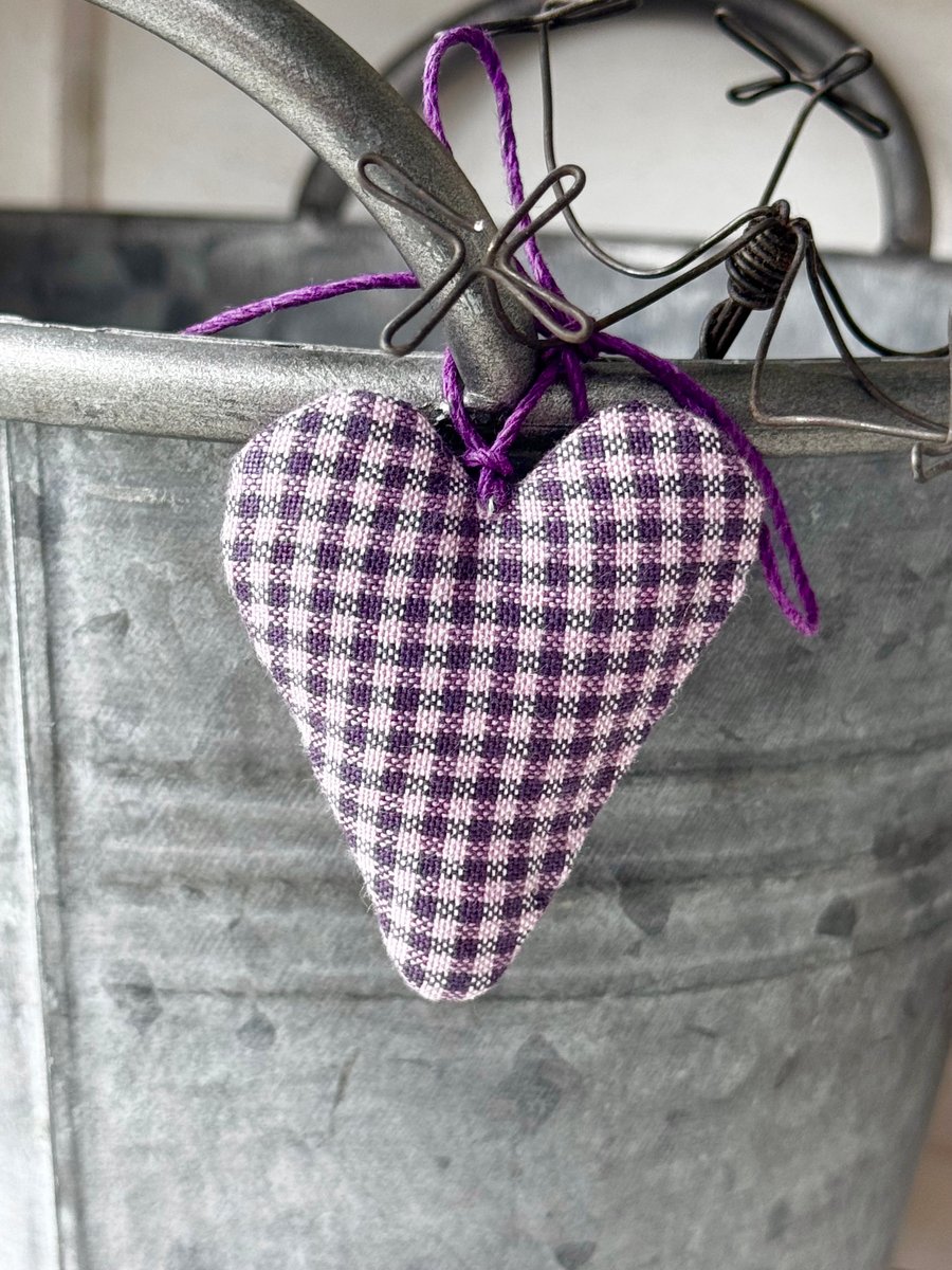 MINI FABRIC HEART DECORATION - purple gingham