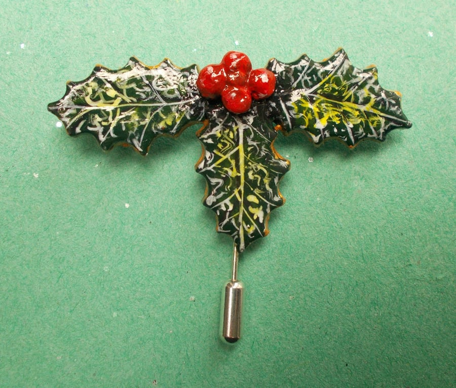 HANDMADE & PAINTED Christmas,HOLLY & RED BERRIES PIN,Brooch,Corsage,Lapel Pin