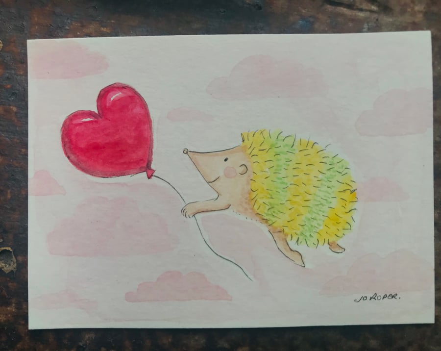 Original Painting flying hedgehog hedgie pink  ACEO Jo Roper