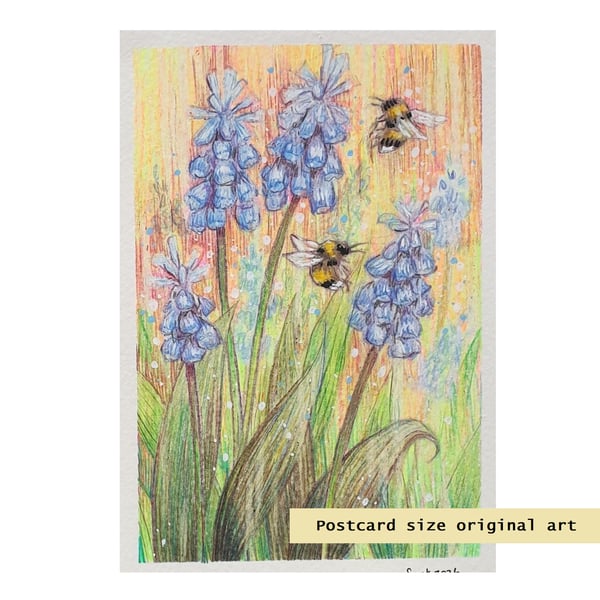Bees with blue grape hyacinth flowers, original art, letterbox gift idea