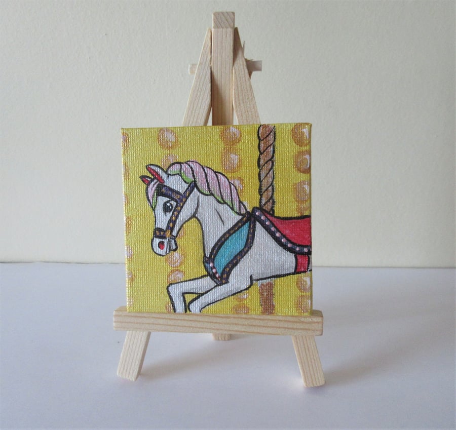 Carousel Horse Miniature Original Acrylic Painting Easel Letterbox Gift Yellow