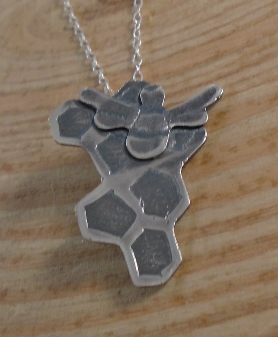 Sterling Silver Etched Bee and Hive Necklace