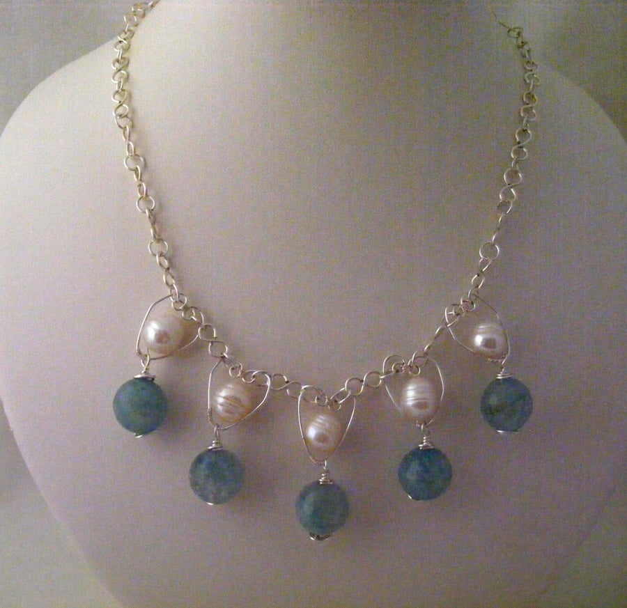 Freshwater Pearl and Aquamarine Gemstone Heart Necklace.