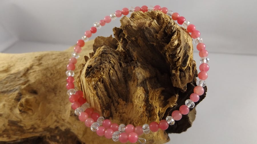 crystal and Rose Quartz memory wire bracelet