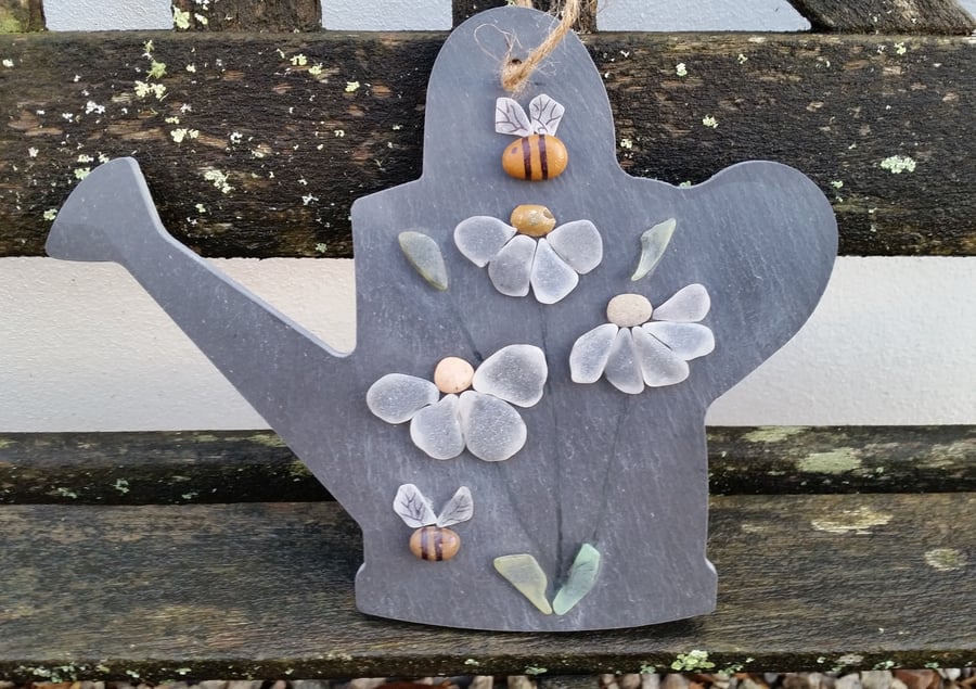 Slate Watering Can with Sea Glass Flowers and Pebble Bees, Mother's Day Gift