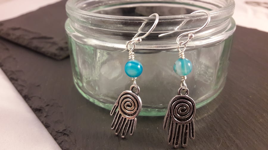 Blue Stripe Agate with Spiral and Hand Earrings