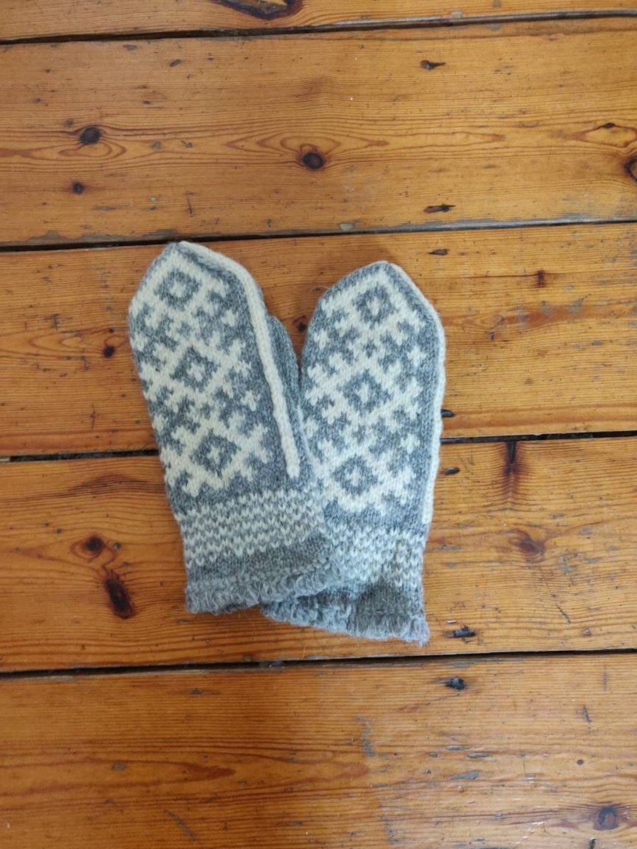 Hand knitted grey white wool mittens traditional nordic fairisle christmas