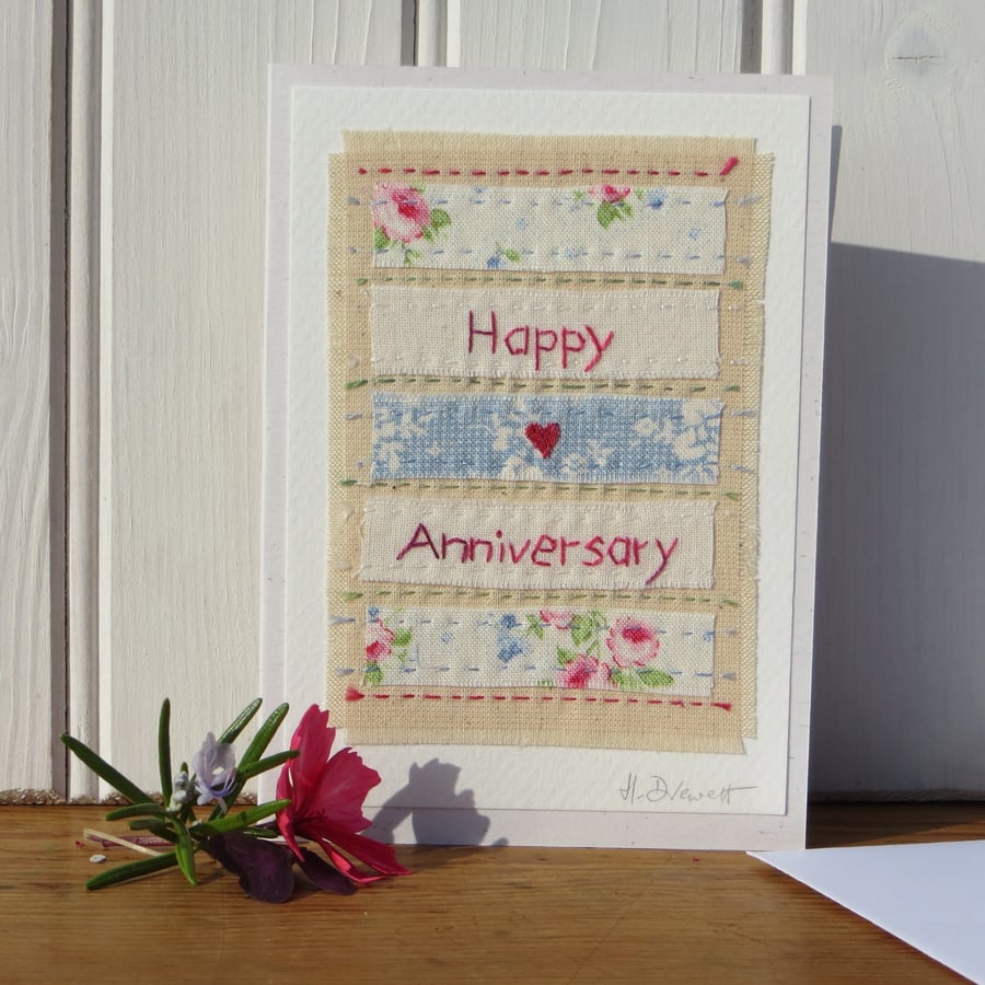 Hand-stitched anniversary card, pretty fabrics with tiny applique heart 