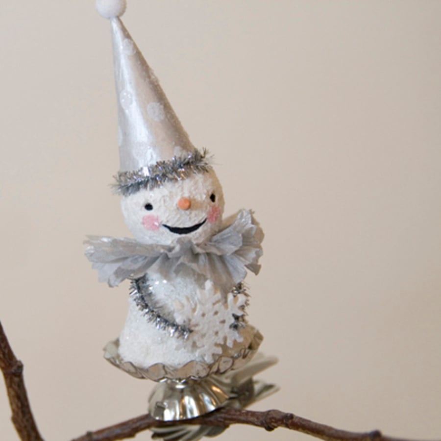 Cute vintage style folk art happy clown snowman clip on Christmas ornament