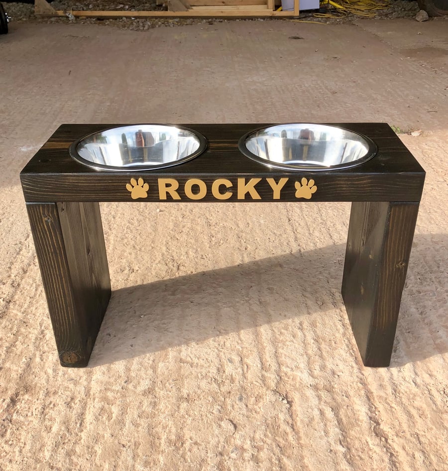 Customised Raised Wooden Dog Feeder. Stainless Steel Bowls. 