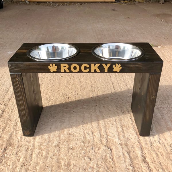 Customised Raised Wooden Dog Feeder. Stainless Steel Bowls. 