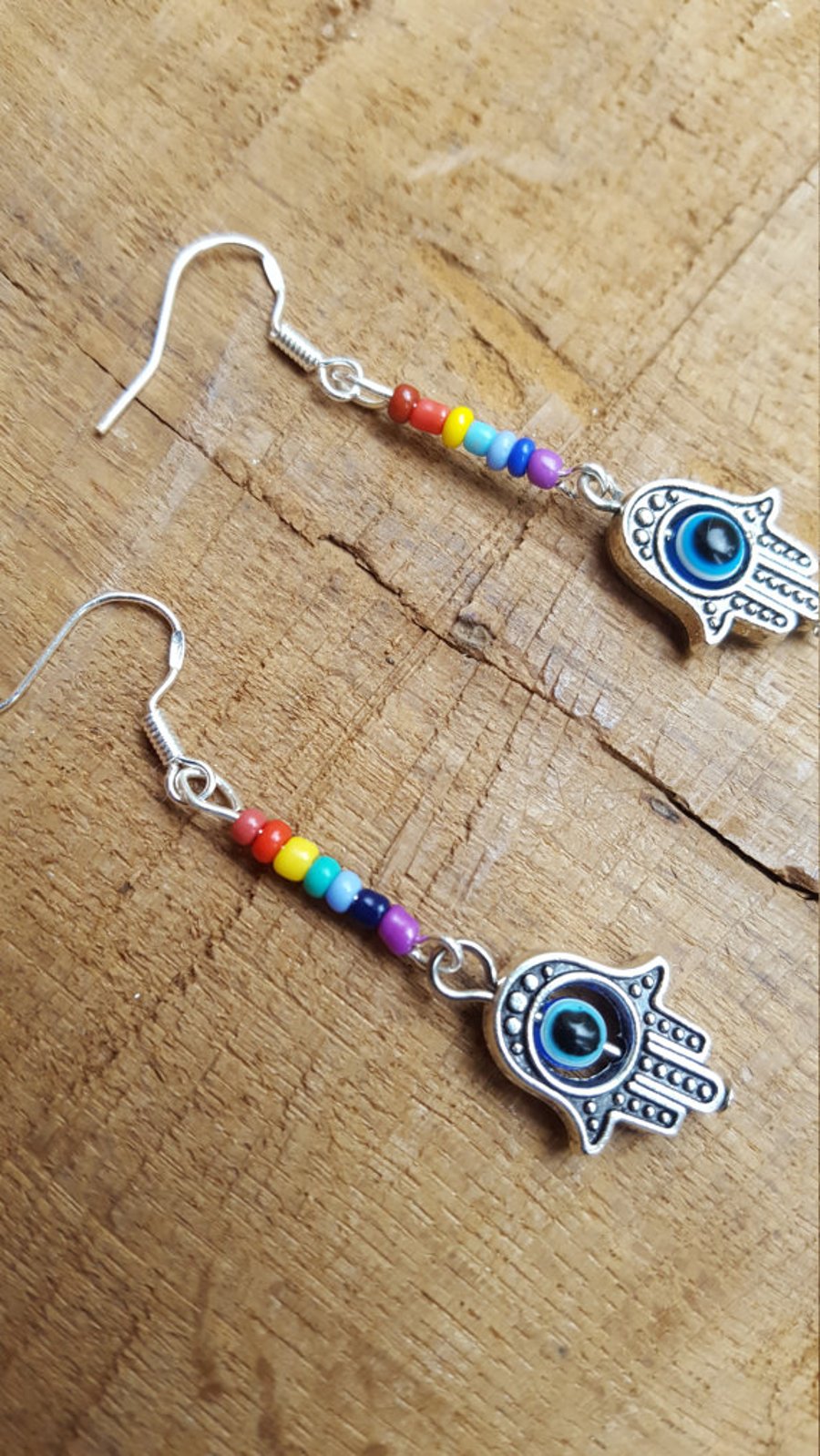 Handmade Rainbow Chakra All Seeing Eye Hamsa Hand earrings