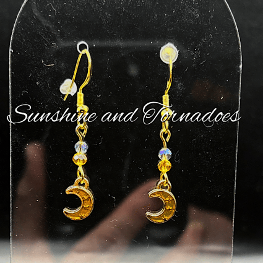 Gold Moon & Czech Crystal Drop Earrings – Handmade Celestial Jewellery