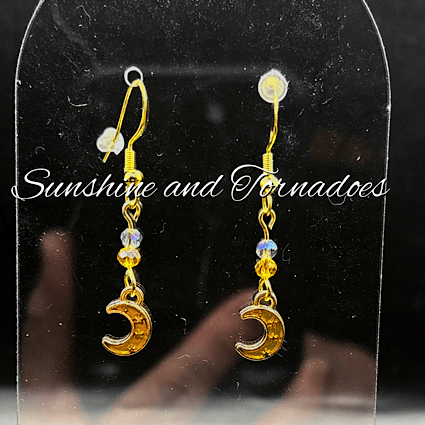 Gold Moon & Czech Crystal Drop Earrings – Handmade Celestial Jewellery