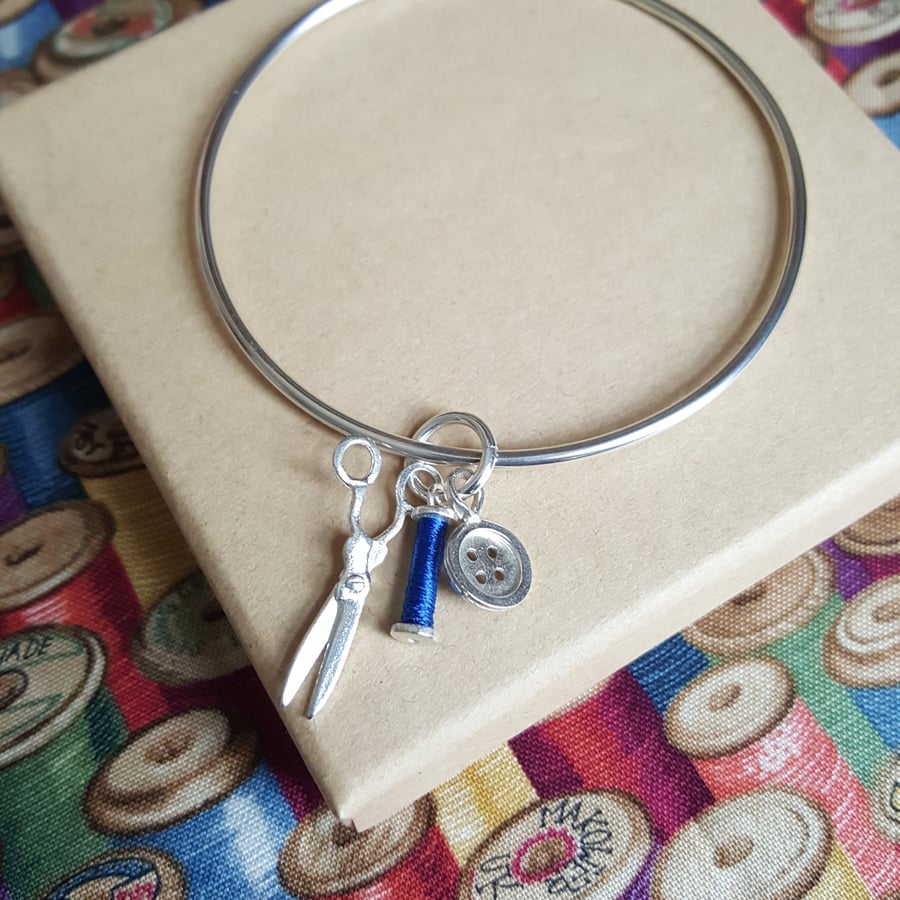 Sewing Bracelet with Silver Scissors, Bobbin & Button Charms